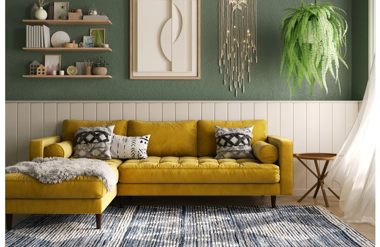 Illustration - Ihr Experte für schönes Wohnen - Vintage Wohnzimmer mit einem gelben Sofa, grünen Wänden und einem schönen Teppich.