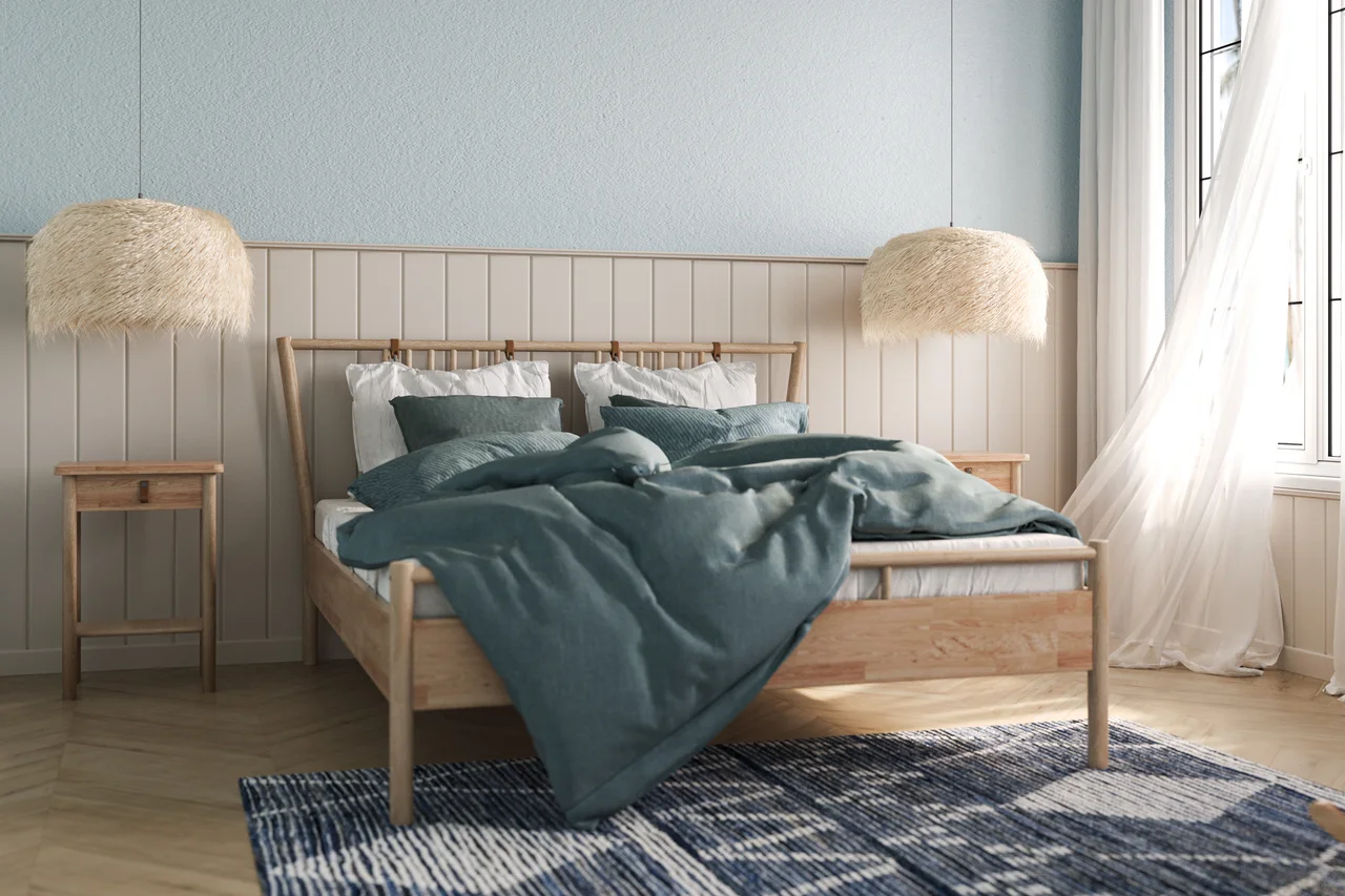 Illustration - Ihr Experte für schönes Wohnen - Küstenschlafzimmerdesign mit Holzbettmöbeln, blauen Wänden, Holzvertäfelung und einem schönen Teppich.